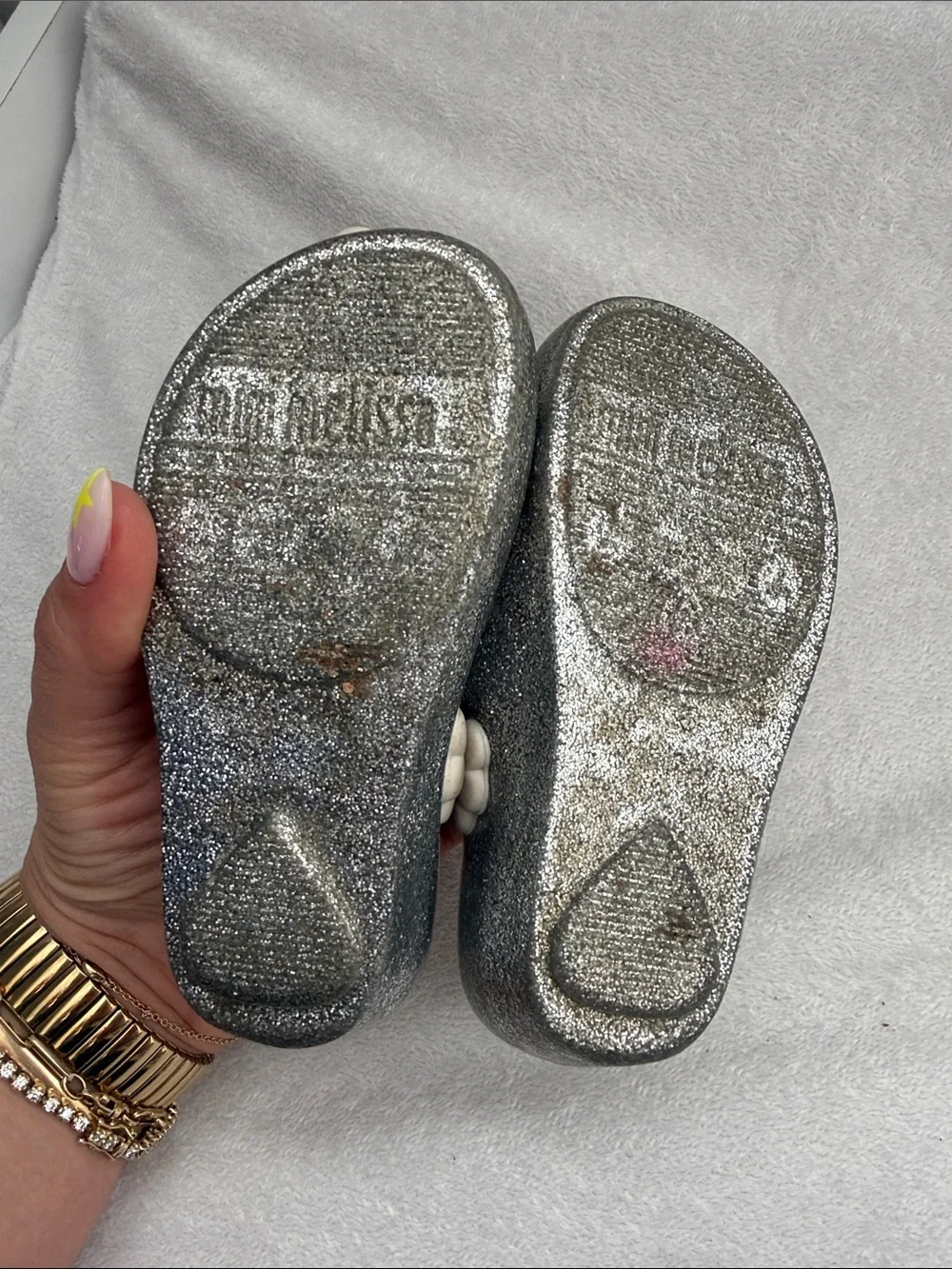 Mini Melissa Girls Silver Glitter Mary Janes with Pink Unicorn Accents